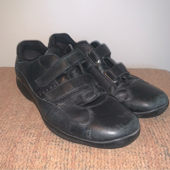Prada Men's Black Leather Strap Sneakers - Picture 2 of 15